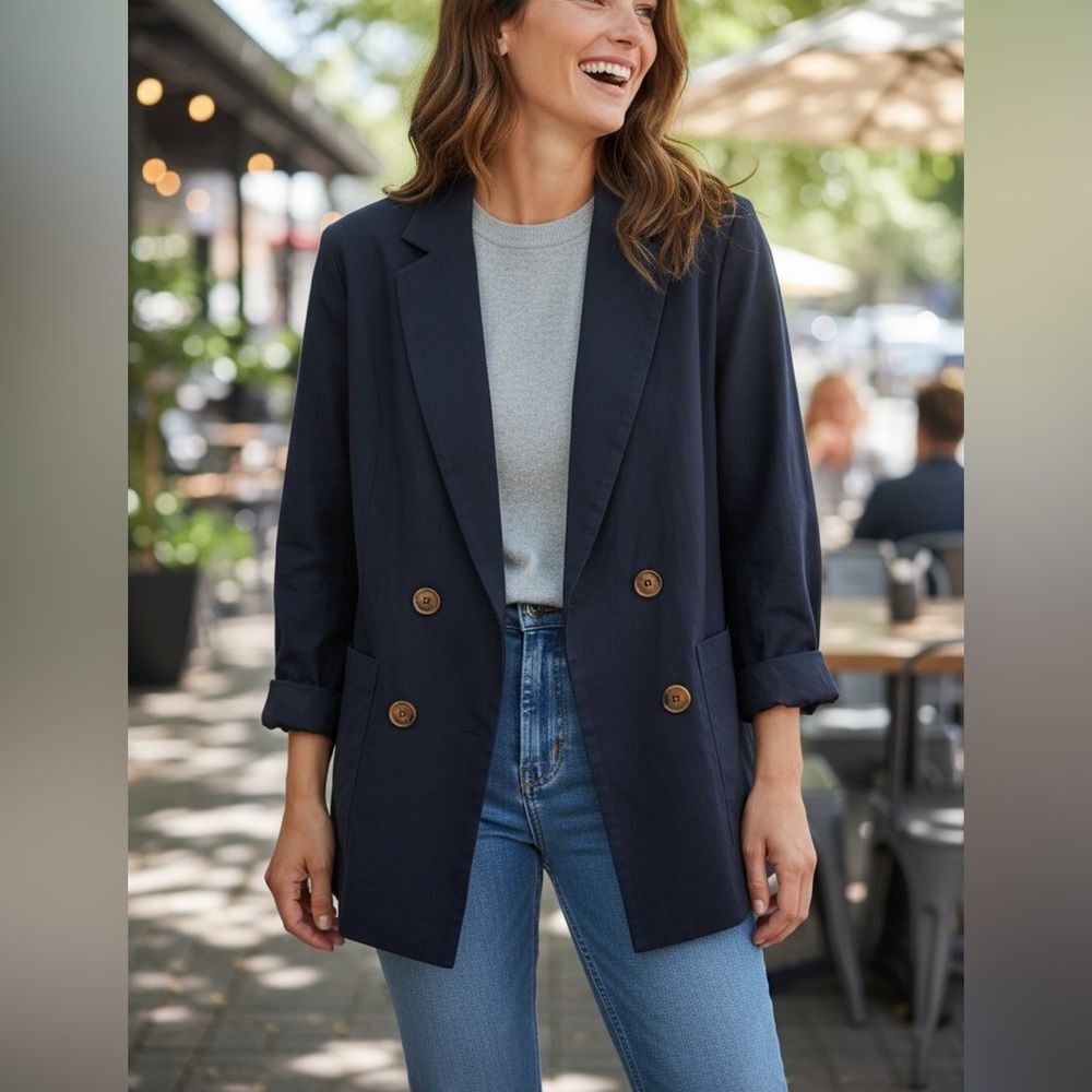 Anthropologie | Anthropologie Amadi Kaye Navy Linen Double-Breasted Blazer NWT